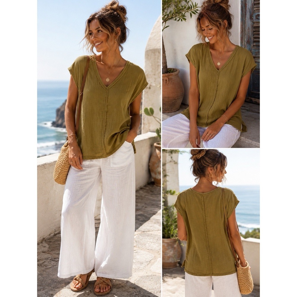 Wonderly Women's M Mustard Olive Double Gauze Cotton Top Raw Edge Boho 0813